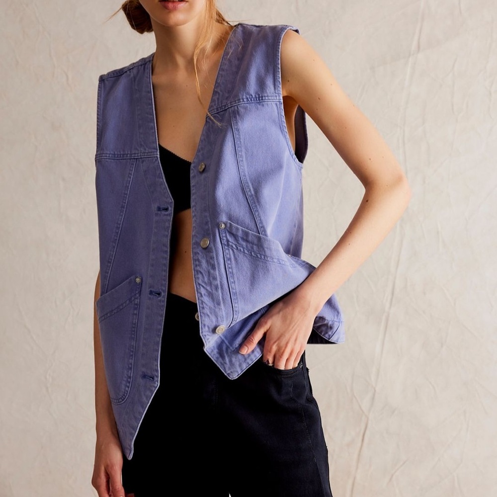 NWT! Free People We The Free Valerie Waistcoat Vest Blue Heron Large - Picture 2 of 15